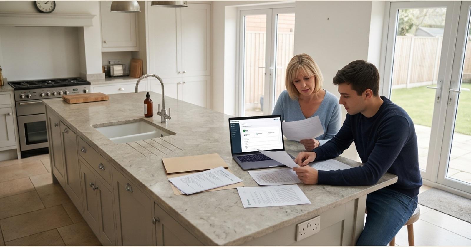 A parent and adult child reviewing documents together at the kitchen table, with FamilySafe open on a laptop