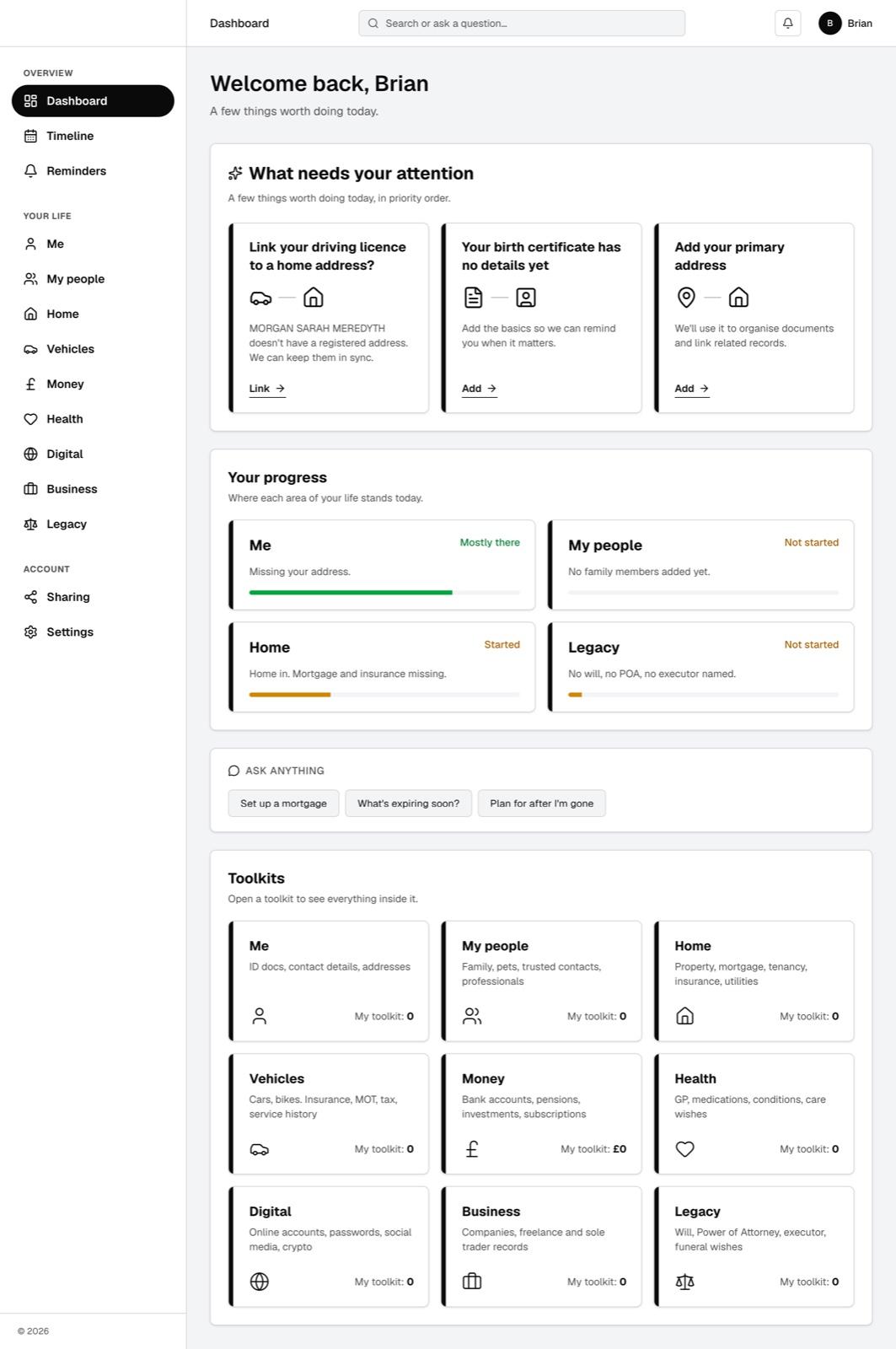 The FamilySafe dashboard on desktop, showing what needs attention and progress across your life