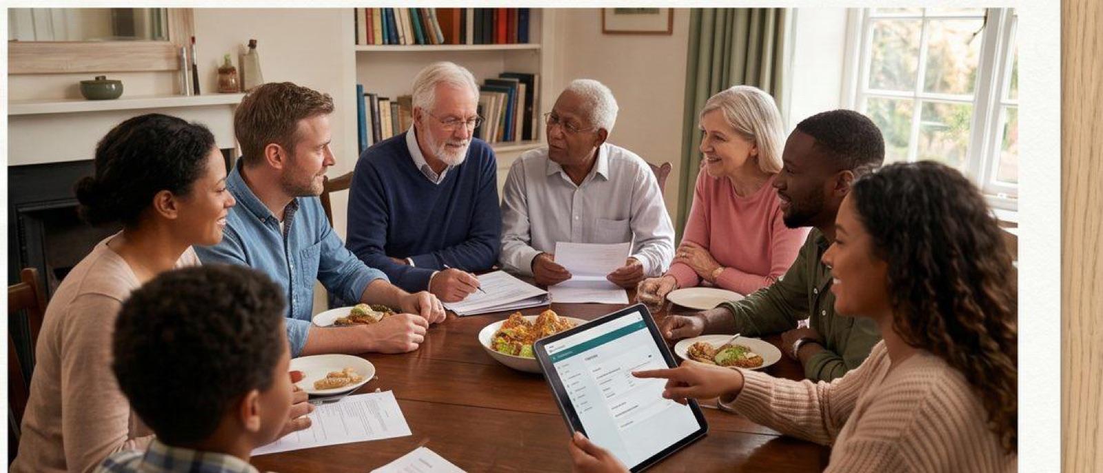 A family sitting together at a kitchen table, going through paperwork