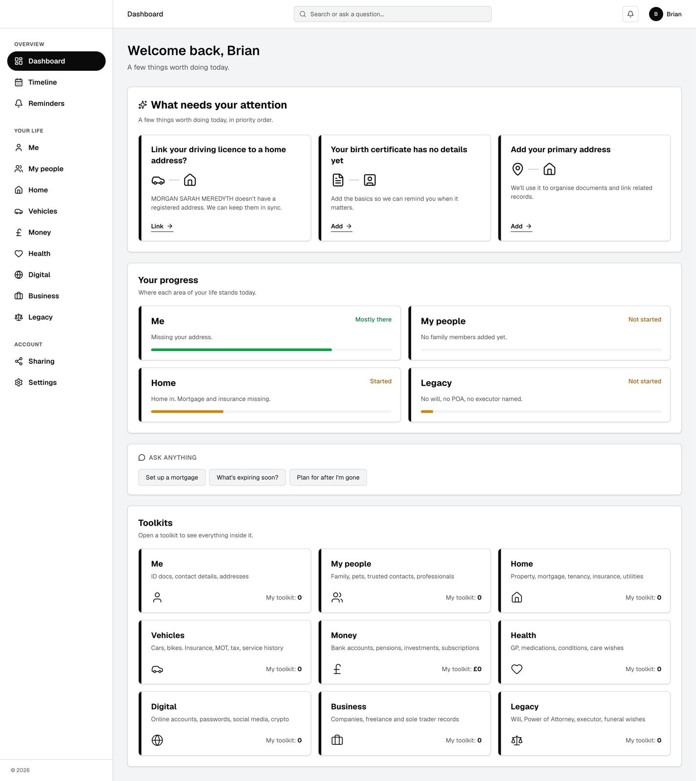 The FamilySafe dashboard showing attention items and progress across areas of life