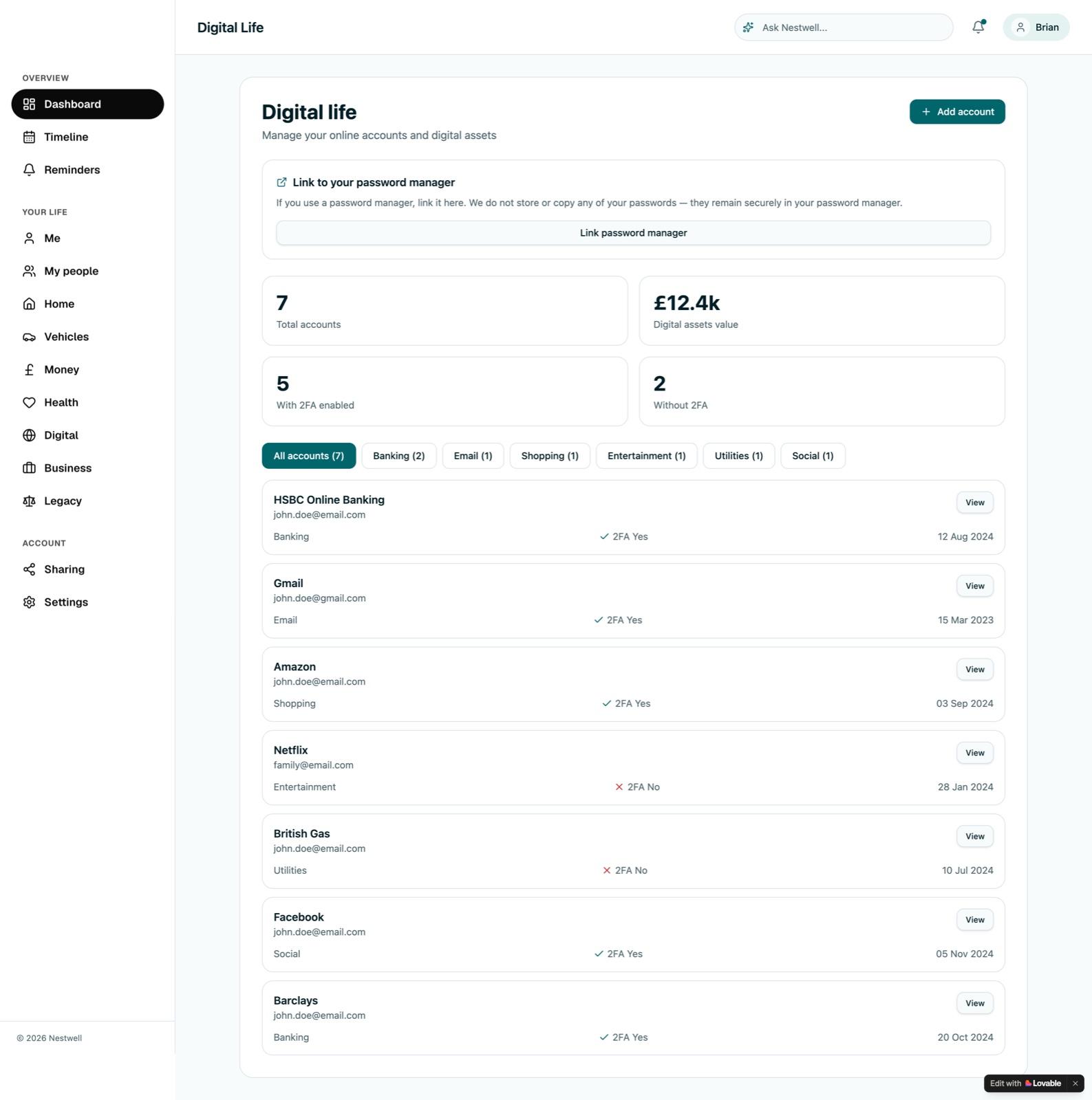 Digital life — online accounts and digital assets with two-factor status