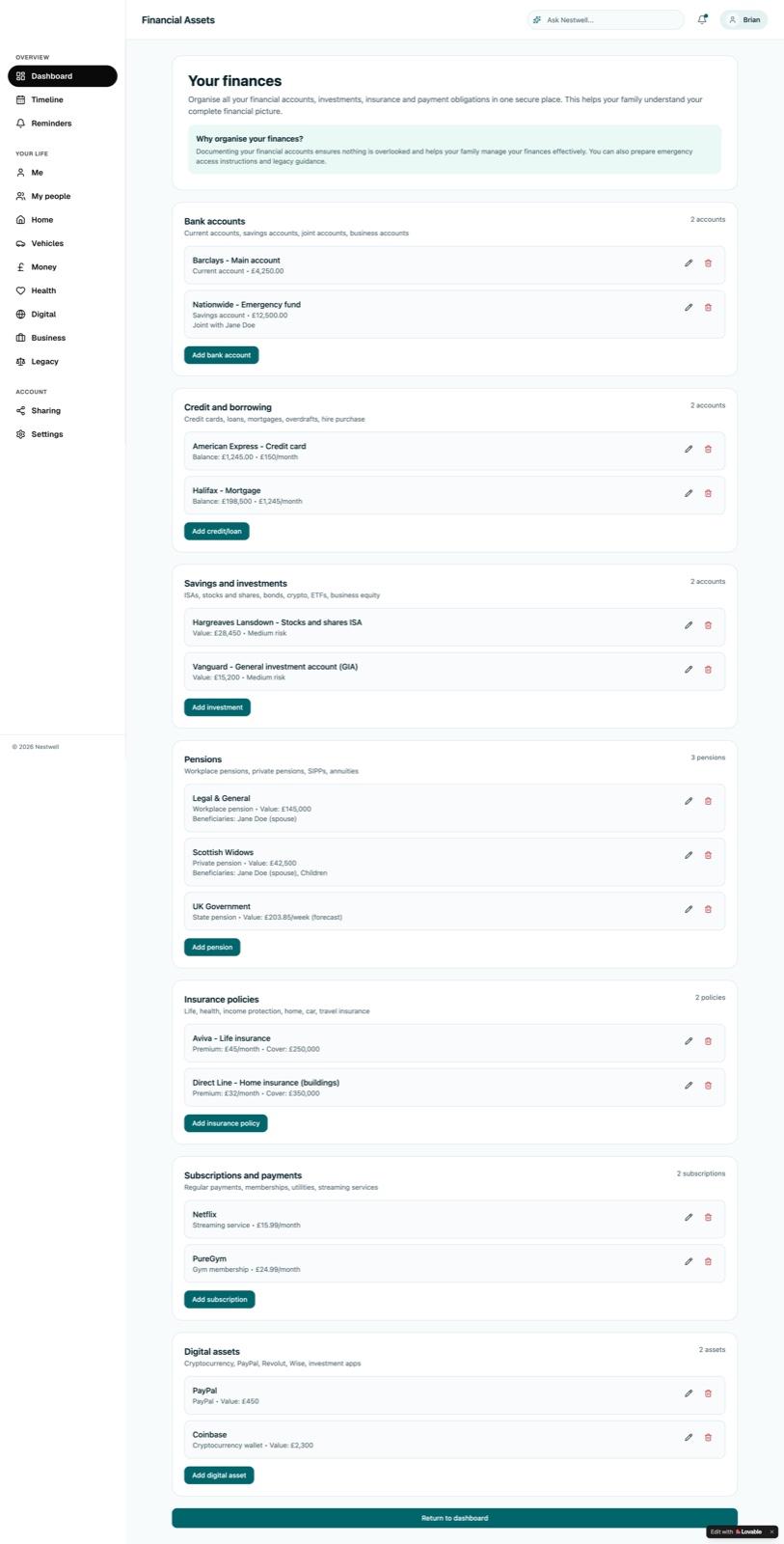 Financial Assets — bank accounts, pensions, insurance and digital assets in one place