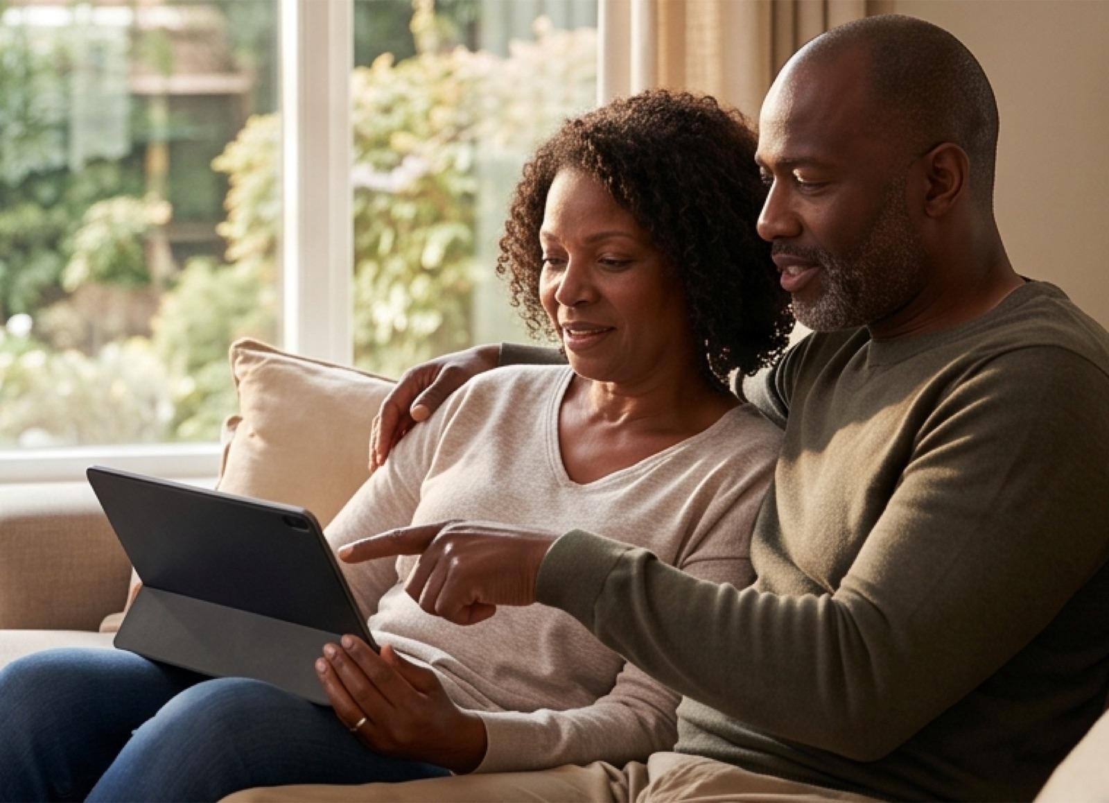 A couple calmly reviewing their household dashboard on a tablet at home
